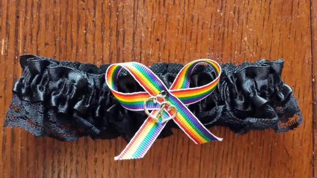 NEW~Bridal Rainbow & 2 Hearts Leg Garter Lace Ruffle Satin Bow Elastic LGBT EDC