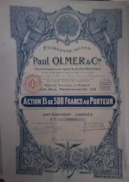 Etablissements Paul Olmer & Cie - Action B de 500 Frs - 1928