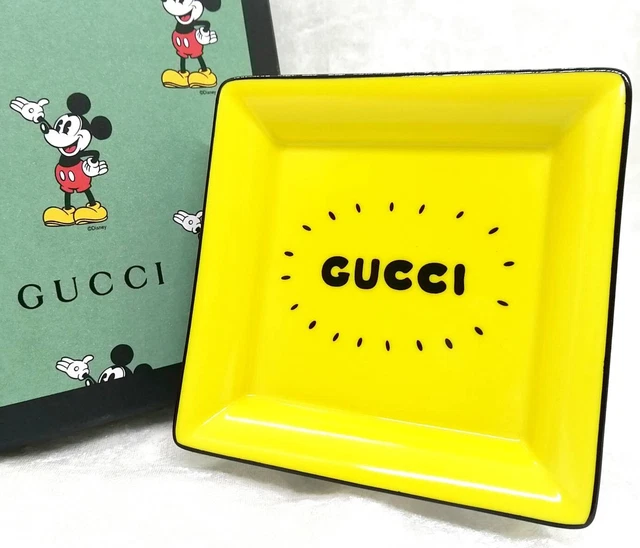 美品 GUCCI Disney スクエア アクセサリートレー イエロー ブラック GUCCI X DISNEY Tray Accessory Case Ashtray Square 10cm Yellow With