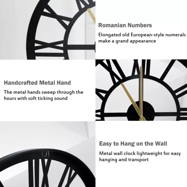 19.5" Industrial Large Wall Clock,Round Metal Wall Clocks Roman Numerals Style 2