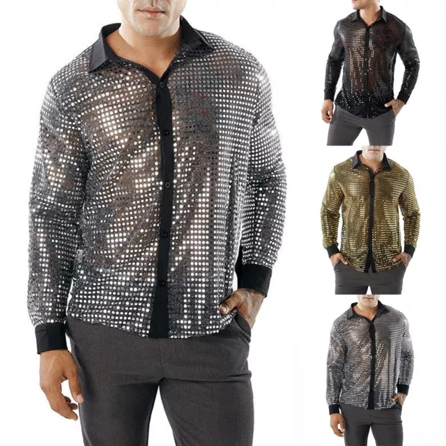 Retro 70s Disco Nightclub Shirt Tops Men's Sequin Party Dance Shirts with Vibe