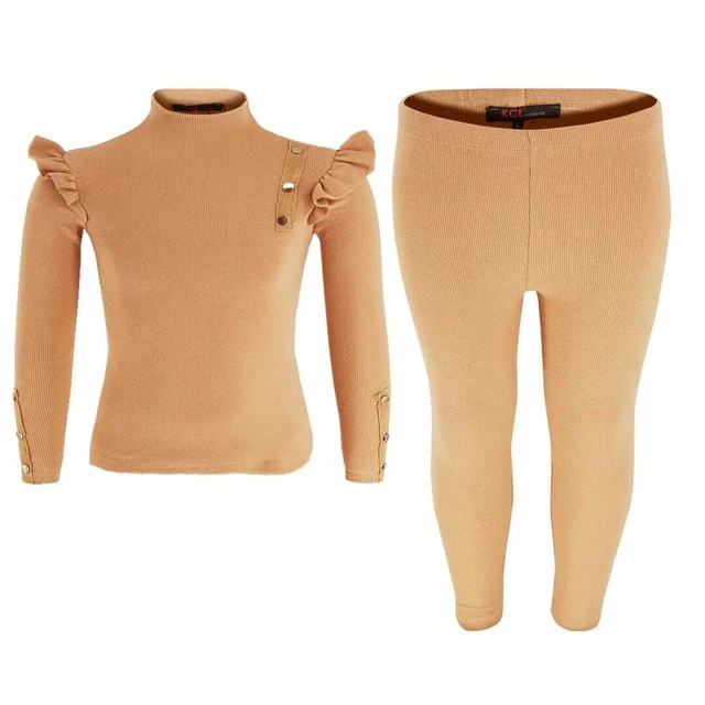 Girls Kids Lounge Wear Set Ruffle Shoulder Rib Lounge Set Activewear 2-10 Yrs UK
