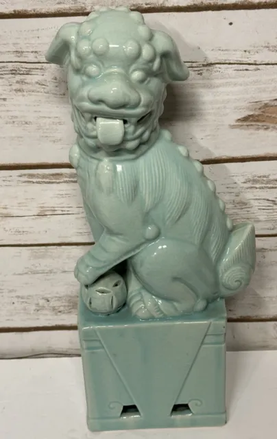 Chinese Turquoise Porcelain Foo Dog 12 1/4” Crackle Glaze Finely Detailed