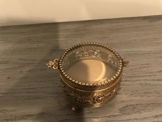 Vintage Gold And Clear Glass Jewelry Or Trinket Box Hinged Three Legs