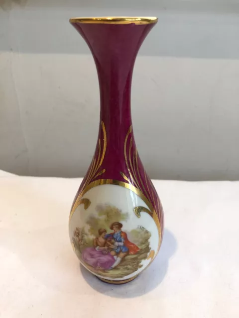 Vintage Limoges France Burgundy Red Rococo Floral Mini Bud Vase - 19cm tall