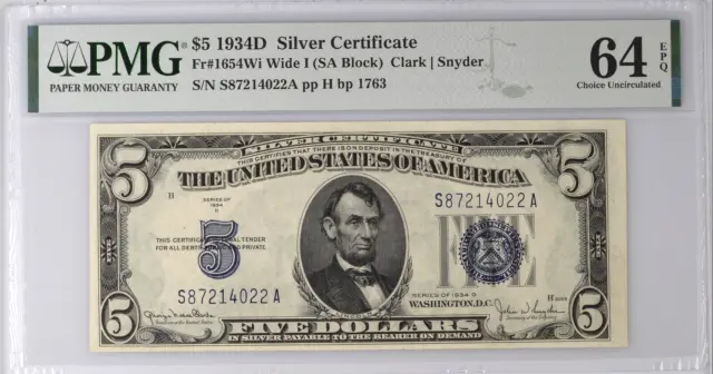 1934D $5 SILVER CERTIFICATE, FR-1654Wi, WIDE I, PMG CHOICE UNCIRCULATED 64 EPQ