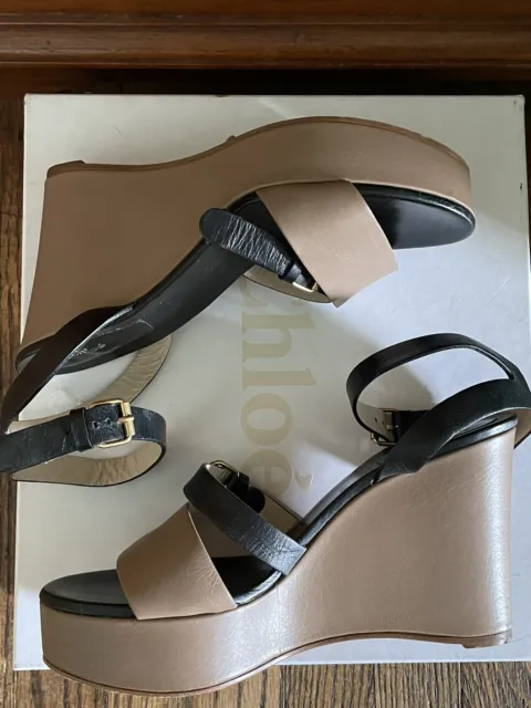 Chloe Two-Tone Beige Black Leather High Heel Platform Wedge Sandals Size 39 1/2