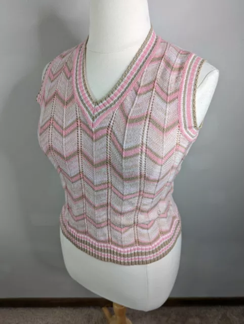 Vintage 70's Sweater Vest Tank  Neck Cream Pink Beige Zig Zag Stripes Large V2J