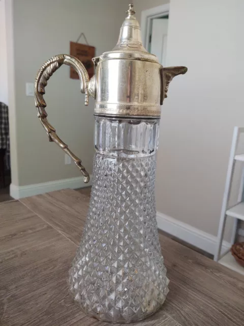 1930s Crystal Cut large Pitcher with Silver Plate Lid and Handle 14”x 5 1/2"