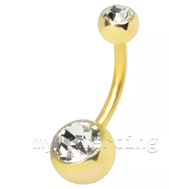14G 3/8" Double Gem Gold Plated Surgical Steel Navel Ring Belly Button Ring