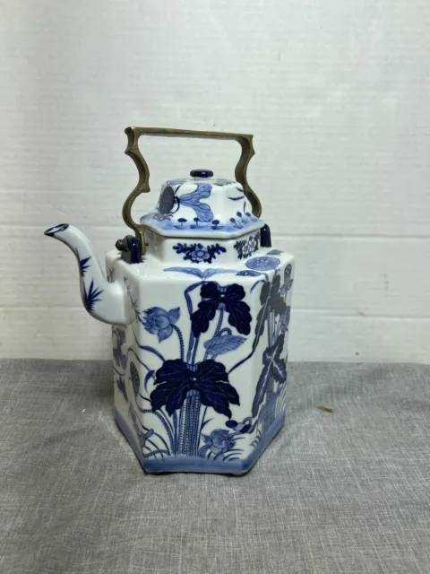 Chinoiserie Oriental Hexagon Blue & White Floral Porcelain Tea Pot Brass Handle