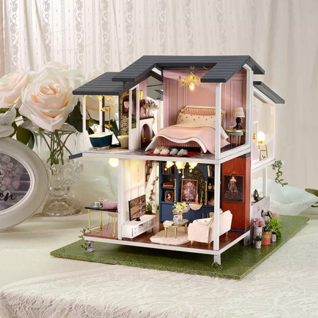 LED Handmade Dollhouse Music Monet Garden Miniature Doll House With Furniture AU 3