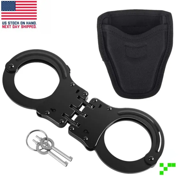 Professional Double Lock Black Steel Hinged Police Handcuffs w/ Keys + Case NEW