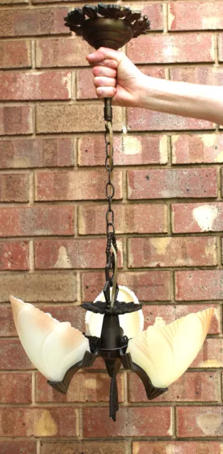 Art Deco 3 Branch Slip Shade Chandelier Ceiling Light Fitting - 1930s 2