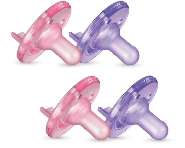 4Pack Soothie Pacifier Pink Purple 0 3 Months BPA Free Silicone Soothing Comfort