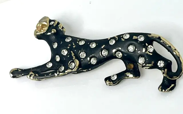 Vintage Black Panther Leopard Puma Cat Rhinestone Gold Tones Jewelry Brooch