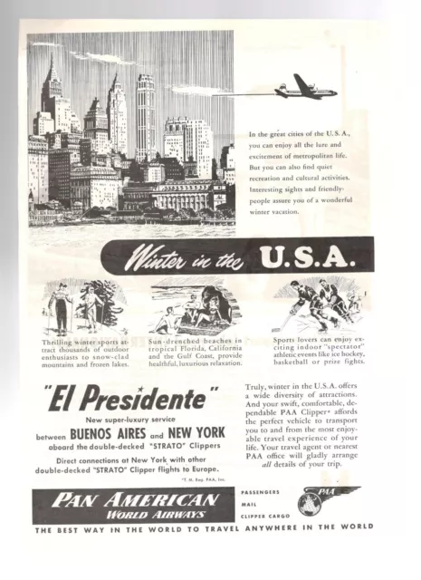 Paa Pan-Am Airlines World Airways 1957 Werbung Vintage American El Presidente