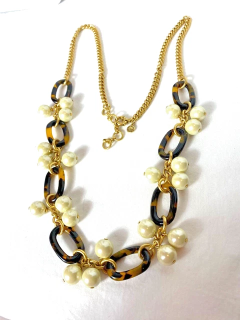 J Crew Tortoise Shell Links Faux Pearl Drops Gold Tone Chain Long