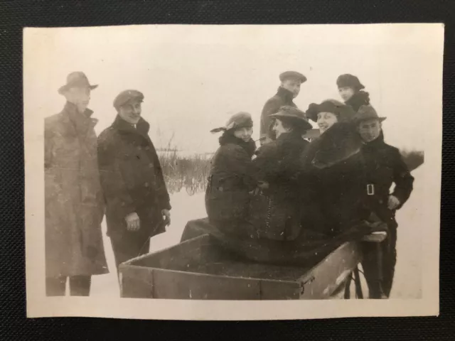 Vintage Photo Snapshot Snow Winter Friends Outside 1920s Ladies Fur Wagon