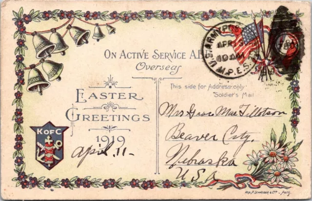 Easter WWI AEF Overseas Active Duty K of C APO Ezra Fillotson 1919 postcard JP6