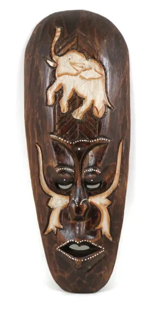 African Ethnic Hand-Carved Painted Wooden Tribal Wall Face And Elephant Mask