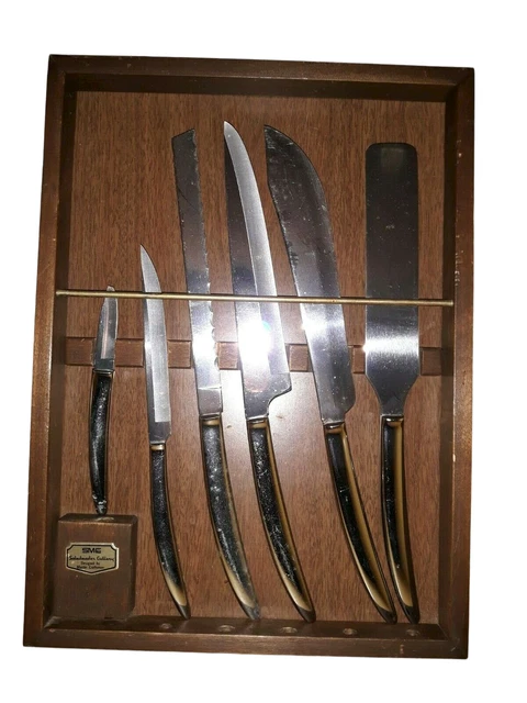 Vintage 6 Pc Mid Century Modern Kitchen Saladmaster Cutlery Knife Set Wood Case