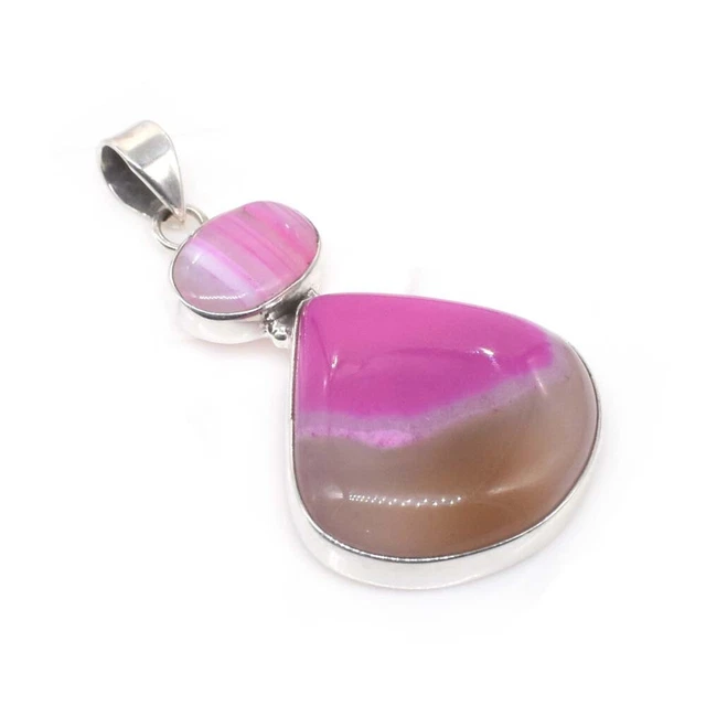 Pink Banded Agate Pendant Solid 925 Sterling Silver Pinky Necklace Jewelry 2''