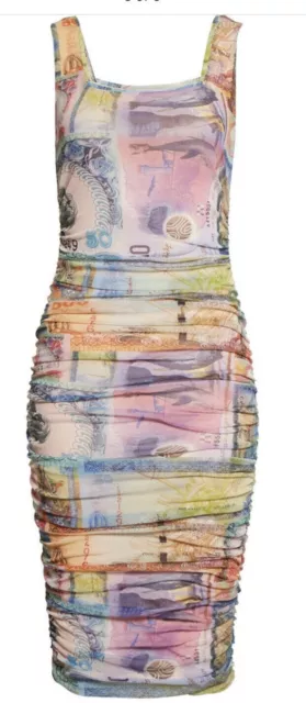 Fuzzi Money Print Ruched Body Con Dress. Size Xs $495