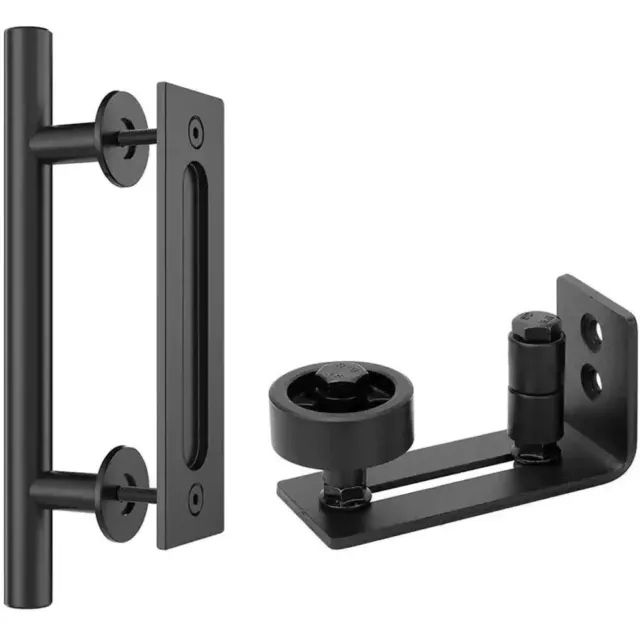 12 in. Black Ladder Pull and Flush Sliding Barn Door Handle & Floor Guide Set