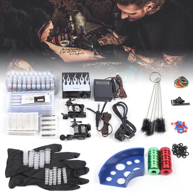 Juego completo de 2 máquinas de tatuajes kit de tatuaje 50 agujas 40 colores tintas