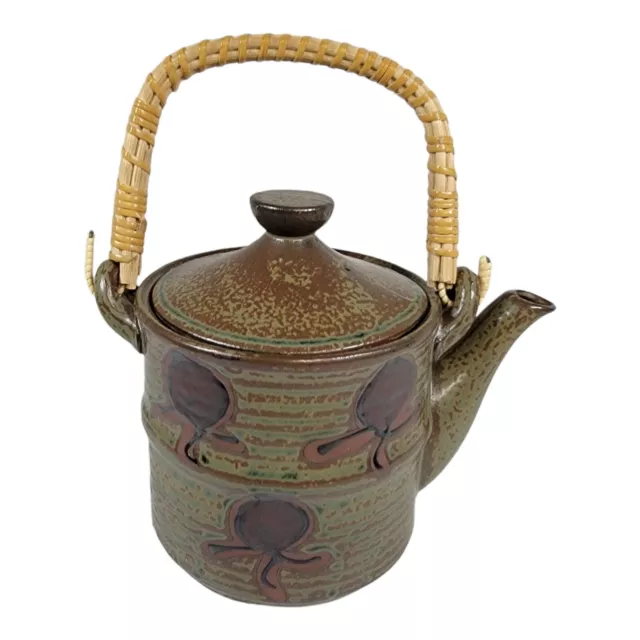 Vintage Pottery Made in Japan Oriental Asian Stoneware Teapot Bamboo Handle