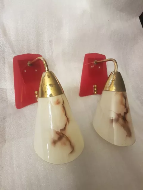 Stilnovo Pair Sconces Red Colour And Brass 1950