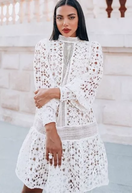 H M SHORT LACE Dress Conscious A LINE FLARED SKIRT PUFF SLEEVES
