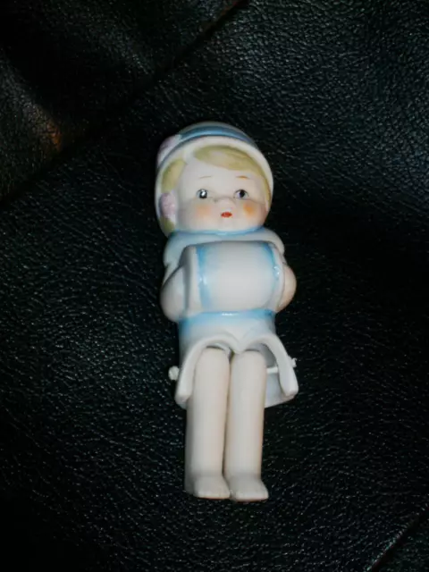 Vintage All Bisque Doll With Molded Hat And Muff Shelf Sitter With Label