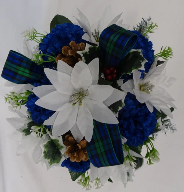 Artificial Silk Christmas Flowers 2 x Blue Tartan Grave/Crem Pot Memorial