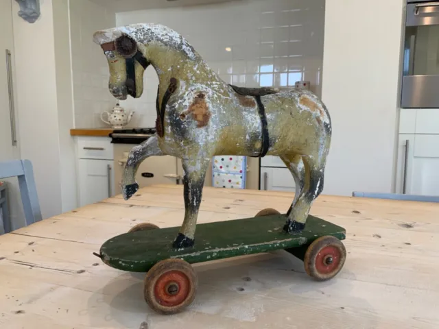 Antique vintage wooden horse on wheels,lines triang pull along toy horse,12 inch