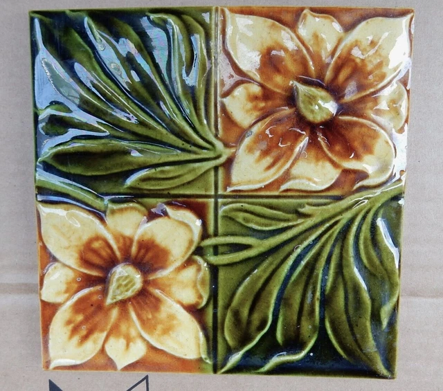 Majolica raised pattern architectural antique  flower tile made by J H Bennett?