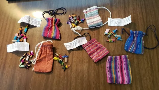 29 Worry Trouble Dolls Hand Made W/Woven Pouches Guatamalan Mexican Lovely Gifts