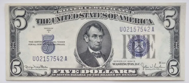 1934 D Five Dollar Silver Certificate Blue Seal Note $5 Bill Higher Grade #65509
