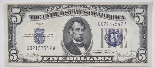 1934 D Five Dollar Silver Certificate Blue Seal Note $5 Bill Higher Grade #65509