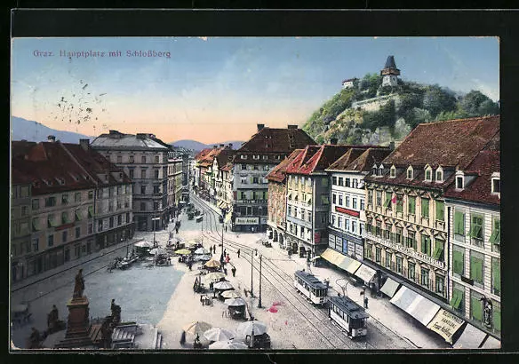 Ansichtskarte Graz, Hauptplatz mit Straßenbahnen 1915