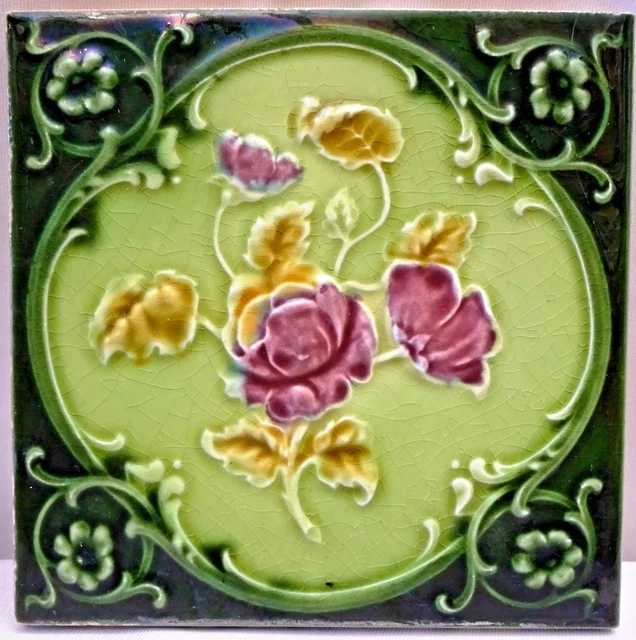 Antique Majolica Tile England Art Nouveau Ceramic Porcelain Purple Pink