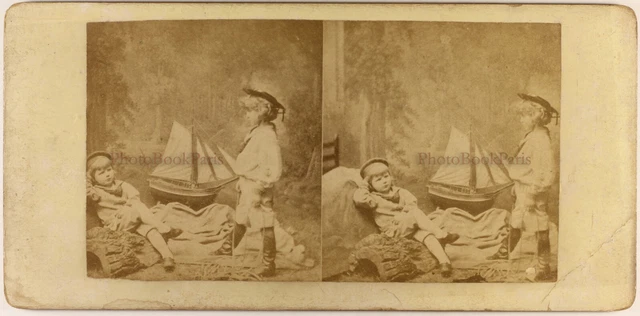 Porträt Deux Kinder Studio Segelboot c1880 Foto Stereo Albumin Vintage
