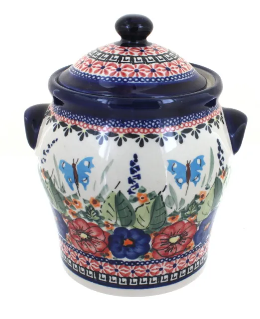 Blue Rose Polish Pottery Floral Butterfly Large Canister