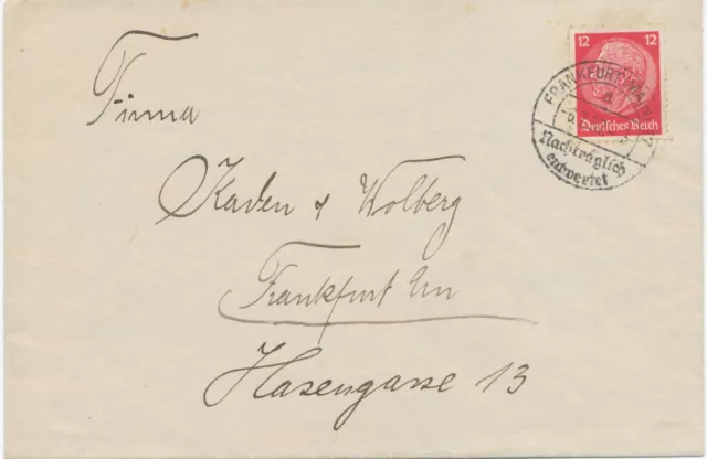 DEUTSCHES REICH 1937, 12 Pf rot Paul von Hindenburg EF mit seltene K2 „FRANKFURT