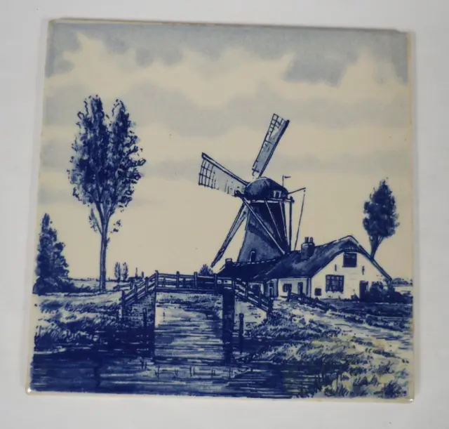 Vintage Delft Blue 6" Ceramic Tile/Trivet, Dutch Windmill/Home/Canal
