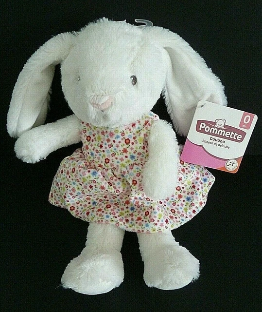 V1. DOUDOU PELUCHE POMMETTE LAPIN BLANC ROSE ROBE FLEUR 26cm - 100 %NEUF