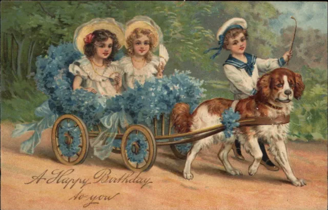 PFB Serie 11108 Birthday Dog Pulls Flower Cart for Children c1910 Postcard
