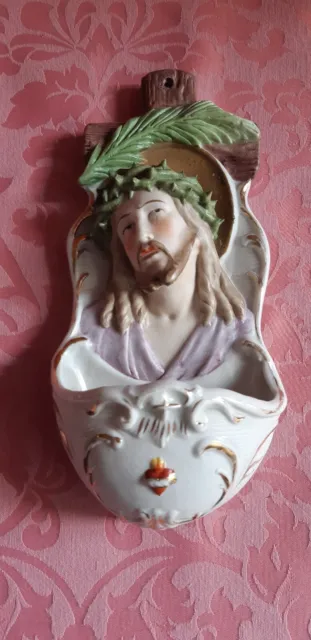 Antica Acquasantiera In Porcellana Bisquit Sacro Cuore Di Gesù