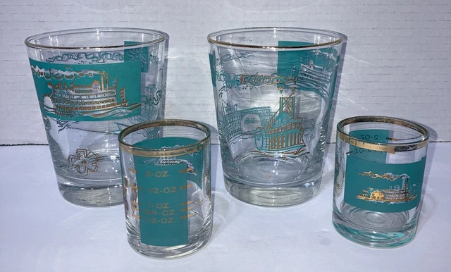 Vintage MCM Set of 4 Southern Comfort Teal & Gold Steamboat Glasses by Libbey